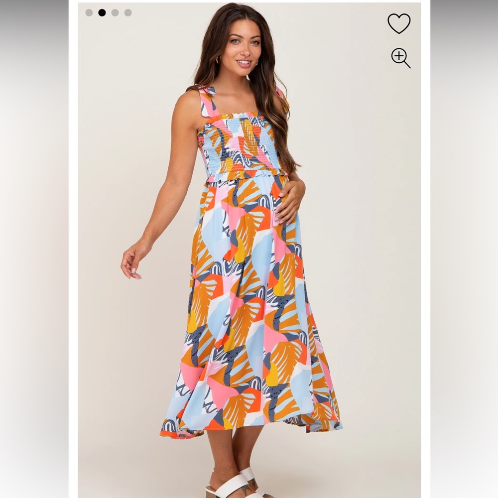 Pink Blush - Yellow Multi-Colored Brush Stroke Printed Tie Strap Smocked dress